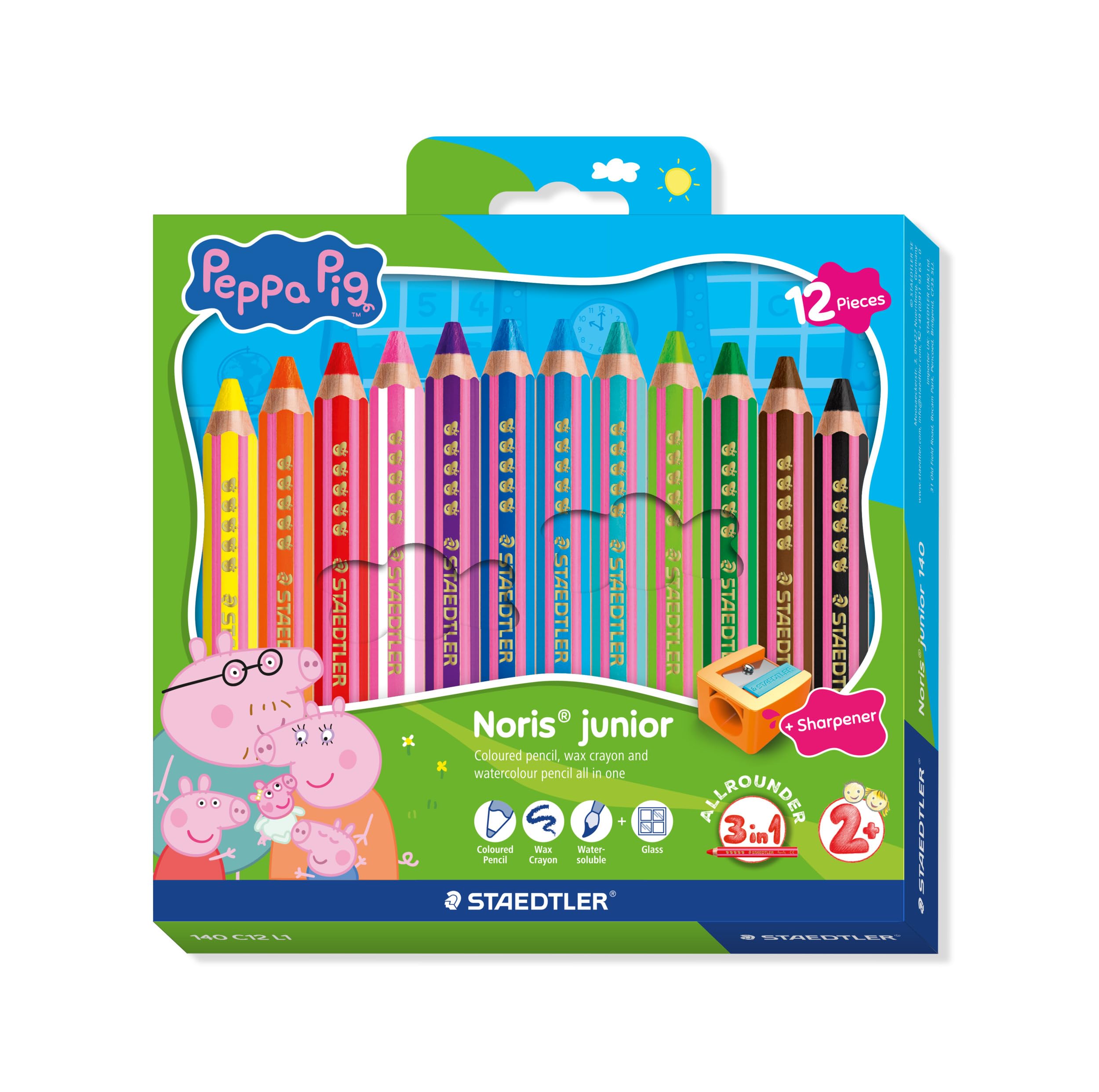 STAEDTLER Noris junior Buntstifte Peppa Wutz 12er Set - 3 in 1 Wachsmal-Aquarellstifte für vielseitige Untergründe - Extra weiche Farbminen für intensive Farben - Ergonomische Kinderstifte 4