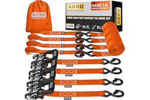 AUGO Heavy Duty Ratchet Straps & Soft Loops – Pack of 4 Extra Strong 1.5” by 10’ Ratchet Straps w/S-Hook Safety Latches & 4 Soft Loop Tie Downs – 4400Lb Break Strength for Motorcycles, ATVs, Etc.