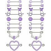 Tornito 9 Pairs Nipple Rings Stainless Steel Heart Butterfly Moon Flower CZ Barbell Tongue Rings Set Cute Nipplerings Piercing Jewelry for Women Pink Silver Tone