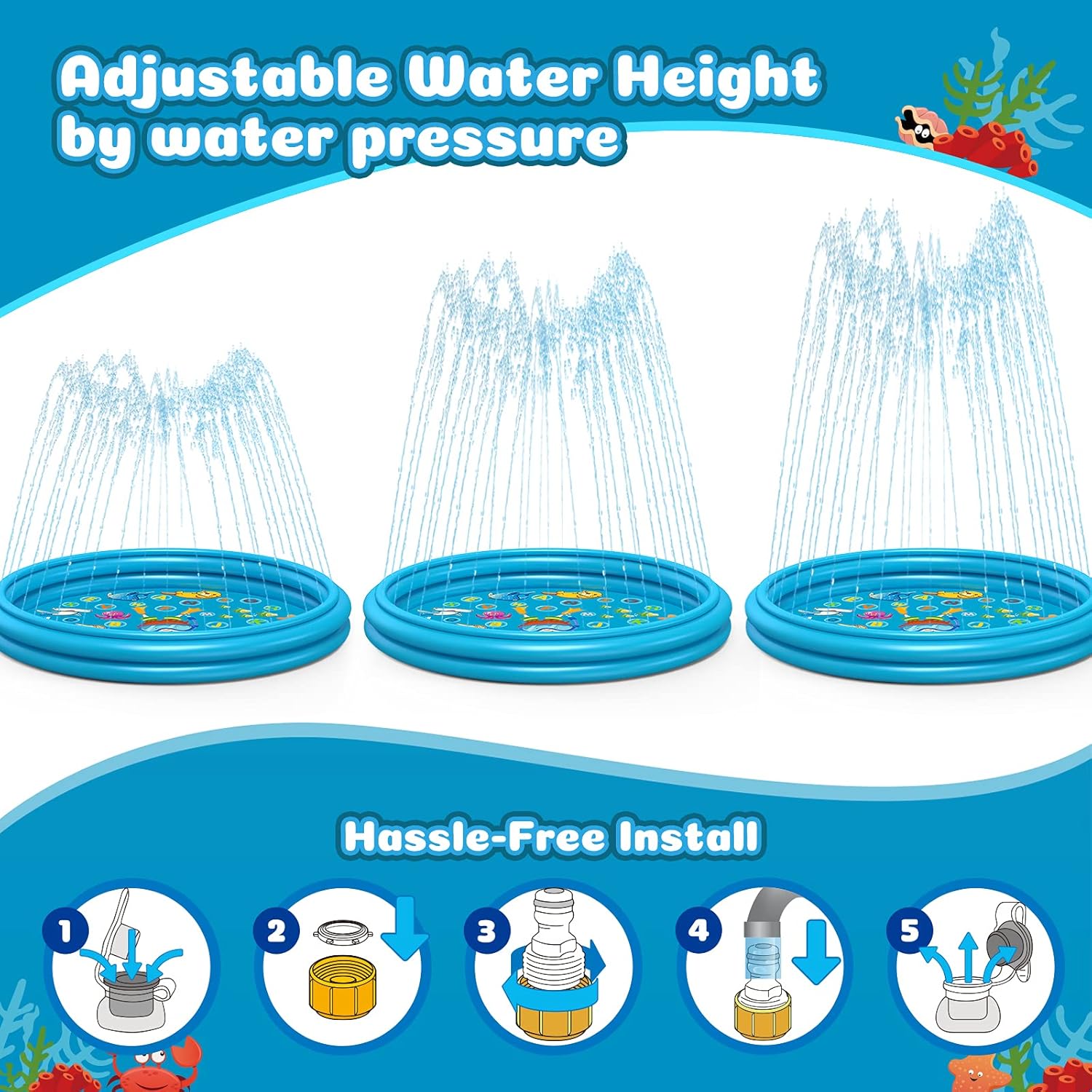 Coolkesi 3-in-1 Splash Pad, Premium Sprinkler for Kids Toddlers - 22% Thicker Durable PVC, 60" Inflatable Wading Swimming Kiddie Pool for Summer Yard, Fun Outdoor Water Toys Play Mat for Baby Learning: Toys & Games