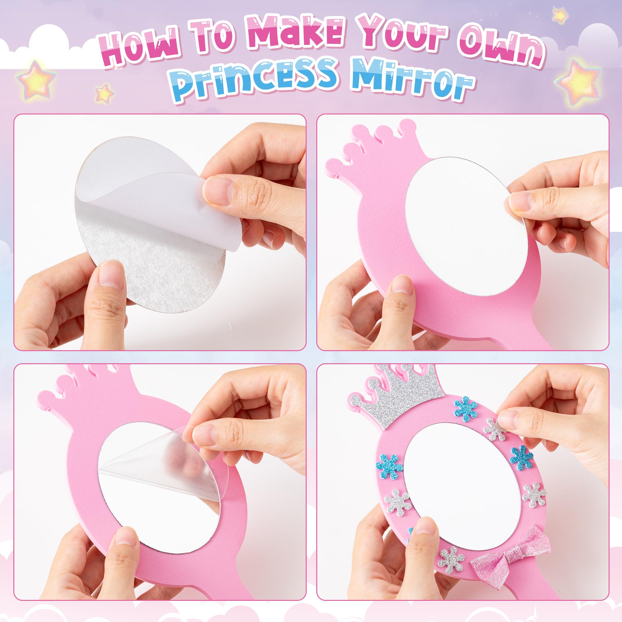 BeYumi Princess Foam Mirror Craft - 18 Pack DIY Decorate Your Own Princess Mirror Craft Kits for Kids Unbreakable Kids Mirrors for Girls Party Decoration Birthday Supplies Gift