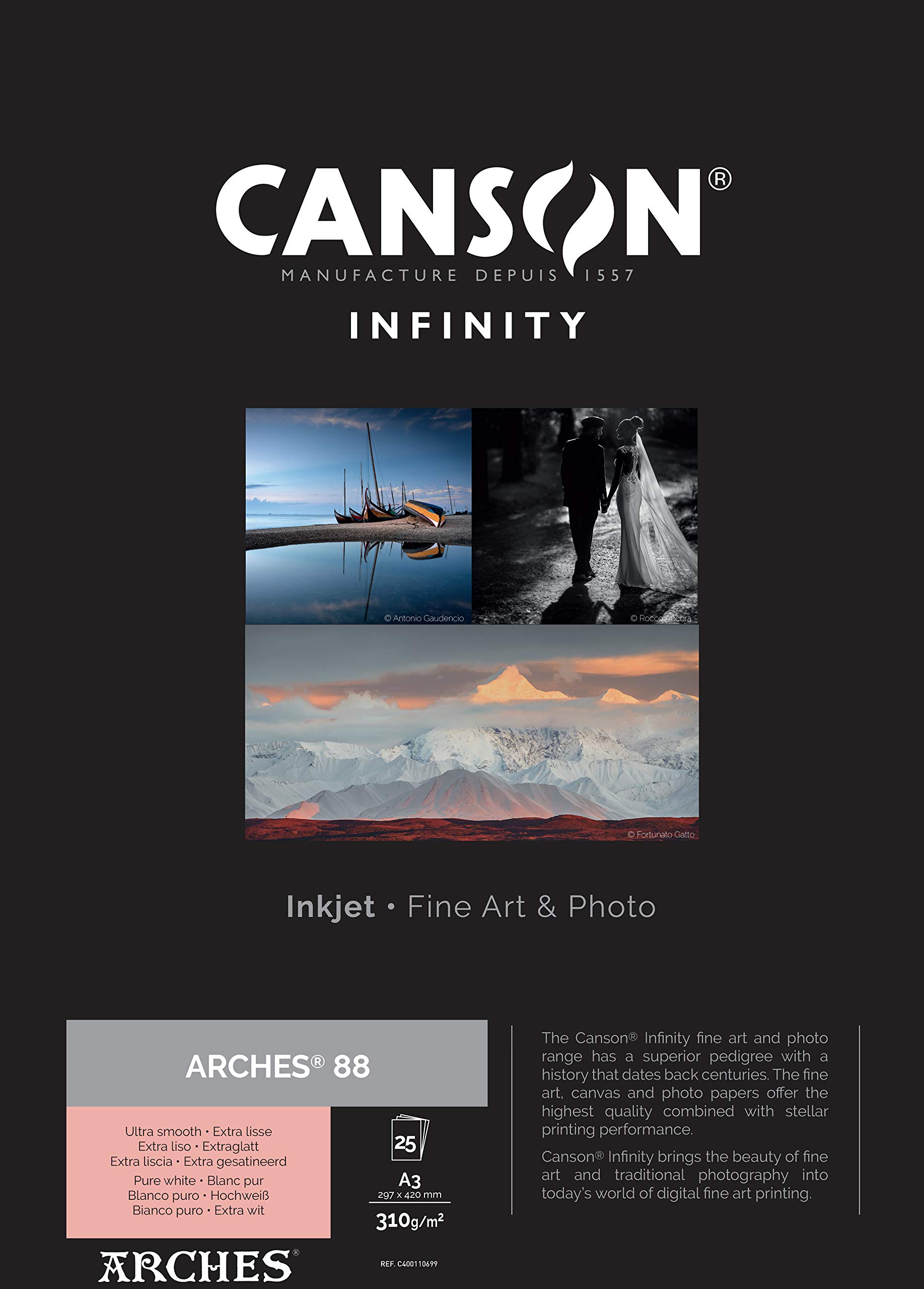 Canson Infinity Arches 88 Ultra Smooth Pure White Matt Inkjet Photo Paper, 310gsm, 29.7 x 42 cm, 25 Sheets, Acid-Free, Ideal for Professional Photographers