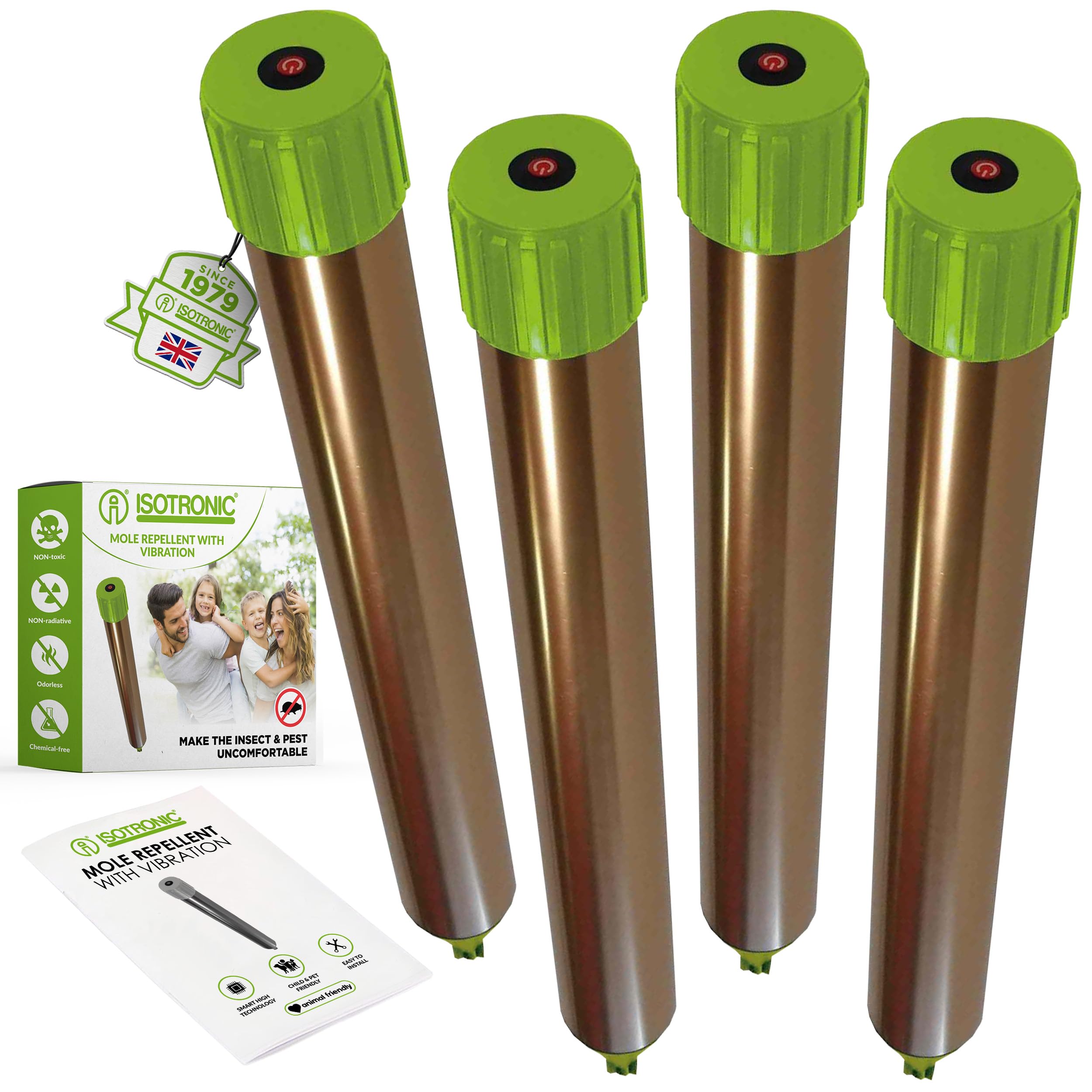 ISOTRONIC® Mole Scarer, Effective Vibrasonic Deterrent against Mole, Mouse, Rat, Ant, Vole, Snake - High Frequency Outdoor Repeller, 4 pieces