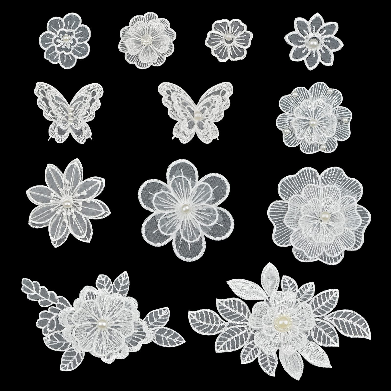 URROMA 12Pcs Lace Flower Embroidery Applique, White Organza Sew On Trim Flower Patch for Wedding Bridal Dress DIY Sewing Craft Clothes Hair Ornament