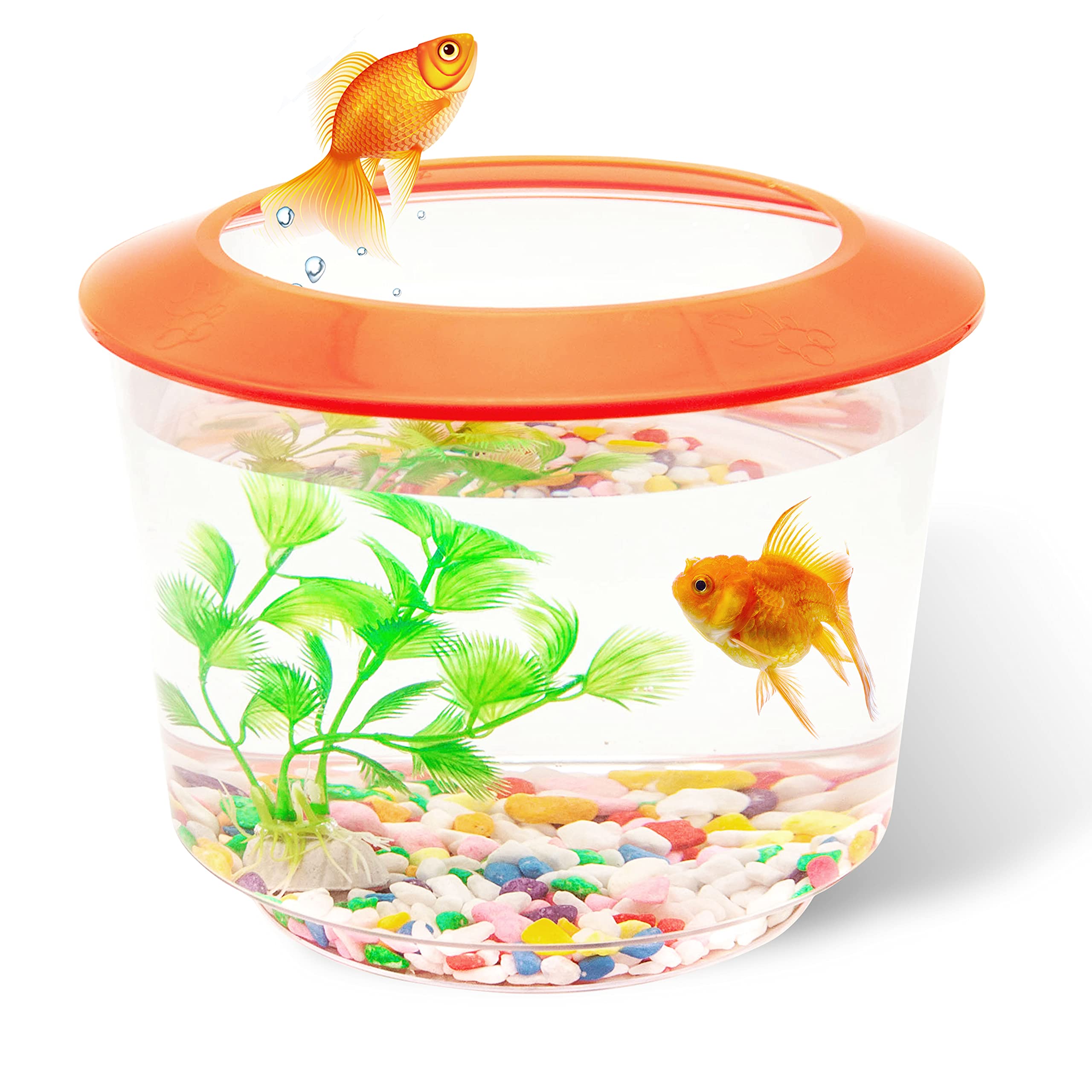 Goldfish Tank – Small Fish Tanks and Aquariums – Fish Bowl – Starter Kits with Gravel Ornamental Plant – Complete Set up for Kids Fishes Tank (Orange)