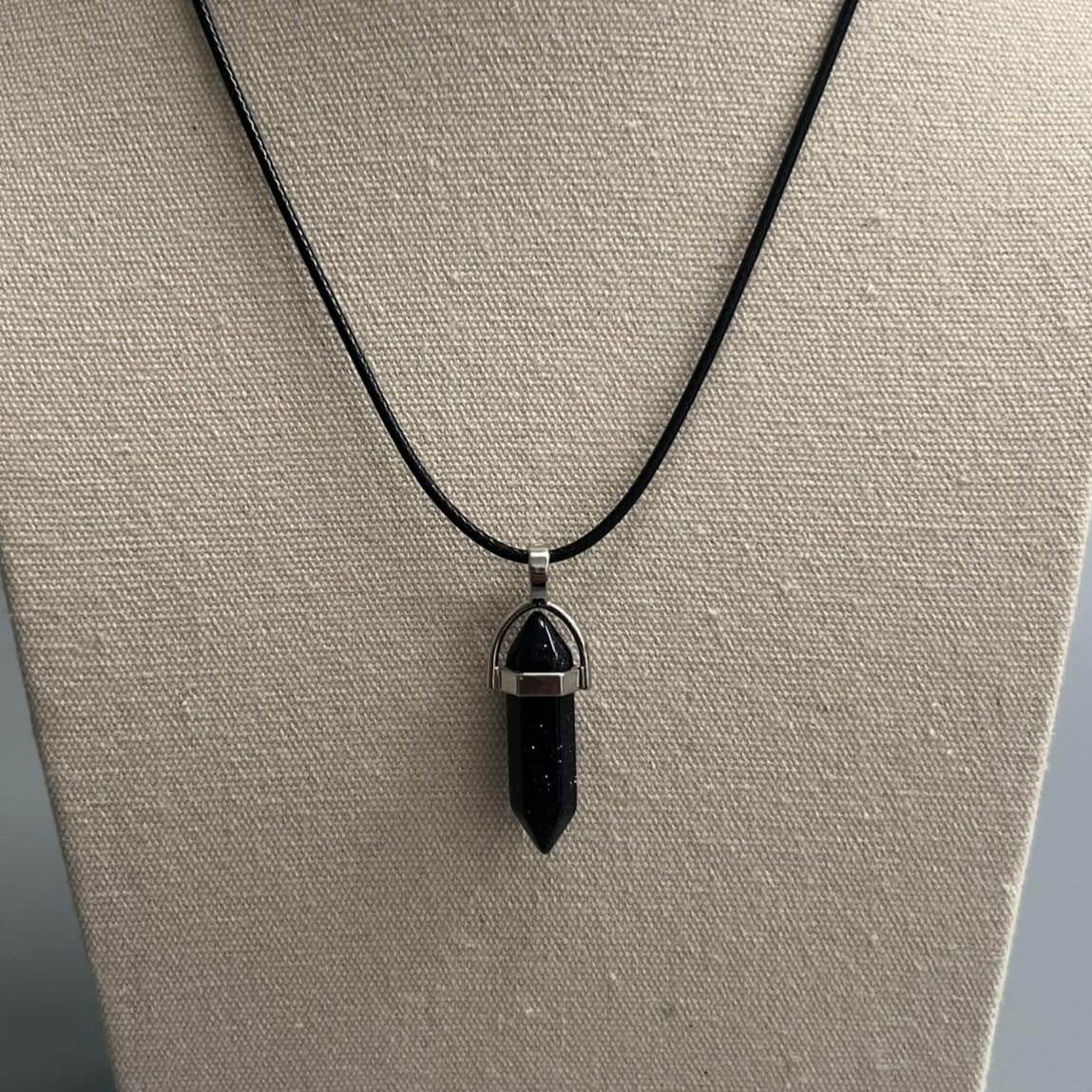 VIE Double Point Pencil Pendant, Black String (Blue Goldstone)