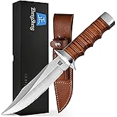ZhengSheng 5.8" Fixed Blade Hunting Knife- Genuine Leather Handle Bowie Knives with Sheath Straight Edge for Camping, Hiking, Survival