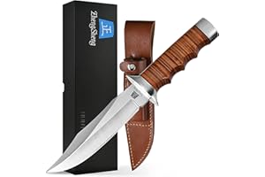 ZhengSheng 5.8" Fixed Blade Hunting Knife- Genuine Leather Handle Bowie Knives with Sheath Straight Edge for Camping, Hiking, Survival