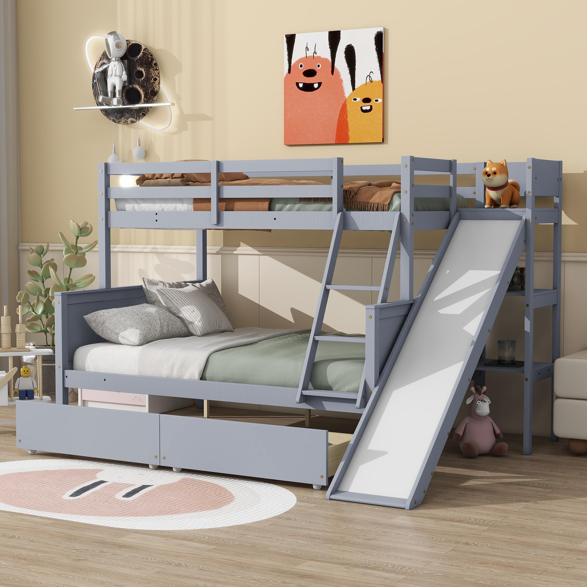 PVWIIK Twin Over Full Bunk Bed with Slide & 2 Drawers for Boys,Girls ...