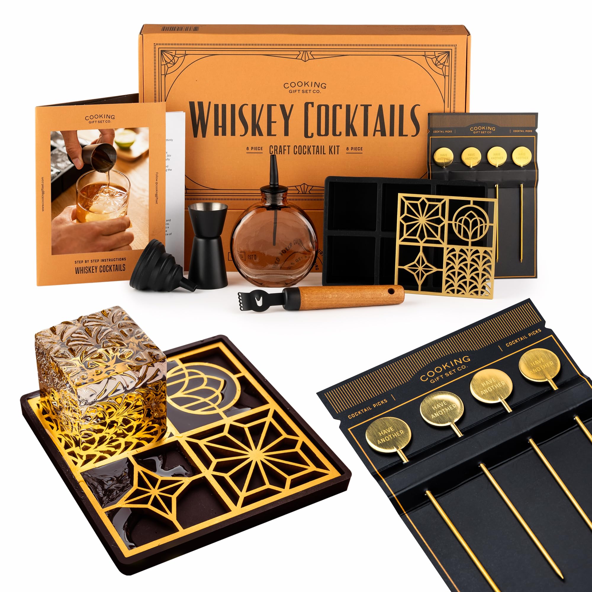 Whiskey Cocktail Kit | Cool Bar Accessories Including Engraving Ice Cube and Mold to Make Unique Gifts for Dad and Mixologist Using Old Fashioned Mixology Tool Set