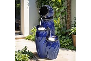 Autodaya 29" Tall Ceramic Water Fountain Outdoor with LED Lights, 4-Tier Cascading Waterfall Garden Fountain, Ideal for Serene Relaxing Patio, Yard or Porch, Cobalt Blue Glaze, Dynamic Wave-Texture