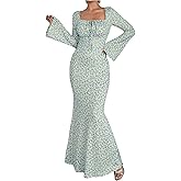 Floerns Women's Floral Bell Sleeve Fishtail Dress Tie Square Neck Bodycon Maxi Dresses