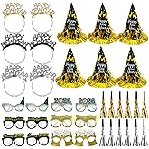 2026 New Year Eve Party Supplies Decorations, Black Gold Silver Fancy Party Eyeglasses Hats Headband Fringed Noisemaker for 2026 New Year Eve Celebration Favors Accessories