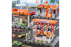 KIZONLY Toy Cars Playsets, 3-in-1 Activity Drivers Playset, Gasstation, Car Wash, Drive-Thru Car Restaurant Playset, 1:64 Scale Toy Cars and Car Garage Toys for Toddlers 1-3, Parking lot with Track