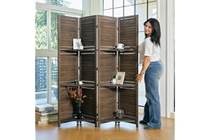 SVIMI Partition Room Dividers, 67 * 51inch Folding Wood Privacy Screen with Three Display Shelves Suitable for Home Office, Study, Art Display - 4 Panel (Brown)