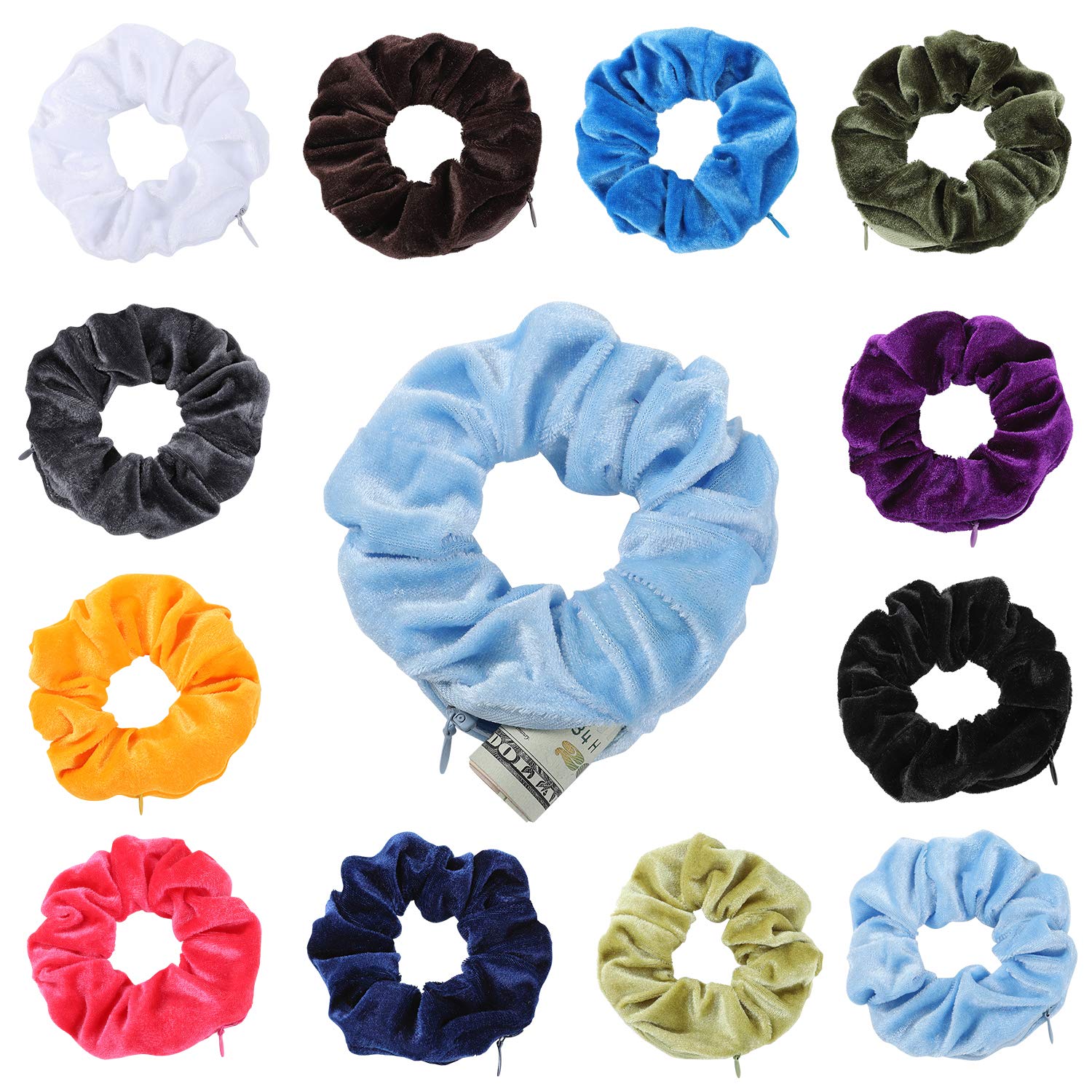 KECUCO 12 Colors Velvet Scrunchies with Zipper Pocket, Big Vsco Girl Stuff Scrunchy Hair Ponytail Holder Elastic Bands Hair Ties Scrunchie with Hidden Pocket Storage Gift for Women Girls