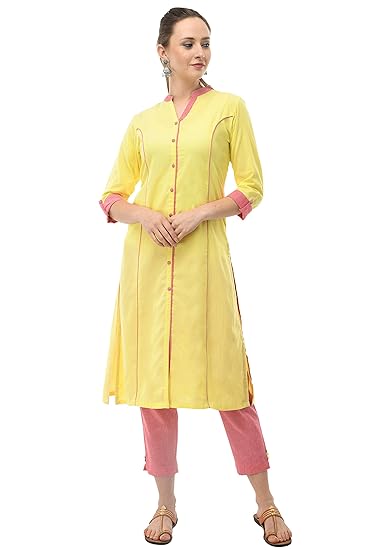 Women Cotton Kurti and Pant Set- Yellow