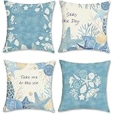COZZSNUGE Coastal Throw Pillow Covers, Starfish Seashell Conch Coral Blue Summer Polyester Decorative Pillowcases for Sofa Bed Home Patio Set of 4, 18 x 18 Inches