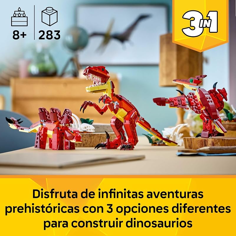 Creator 3in1 Dinossauro Feroz - Figuras de Dinossauro Transformáveis em Velociraptor, Stegosaurus ou Pterossauro - Presente de Aniversário para Raparigas e Rapazes 8+ Anos - 31379
