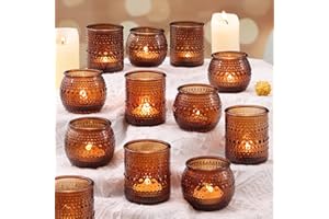 LAMORGIFT 16 Pcs Assorted Amber Candle Holders- Amber Tealight Candle Holder for Fall Wedding Decor, Votive Candle Holders for Fall Home Decorations, Vintage Table Decor