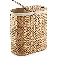Casafield Oval Laundry Hamper with Lids and Removable Liner Bags - Natural, Woven Water Hyacinth 2-Section Laundry Basket Sorter for Clothes and Towels