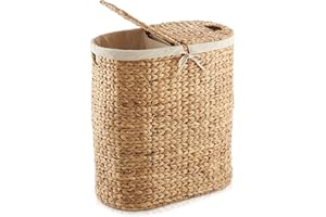 Casafield Oval Laundry Hamper with Lids and Removable Liner Bags - Natural, Woven Water Hyacinth 2-Section Laundry Basket Sorter for Clothes and Towels