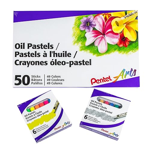 Pentel Arts Oil Pastels - 50 Color Set with Metallic and Fluorescent Packs, 3pk Set