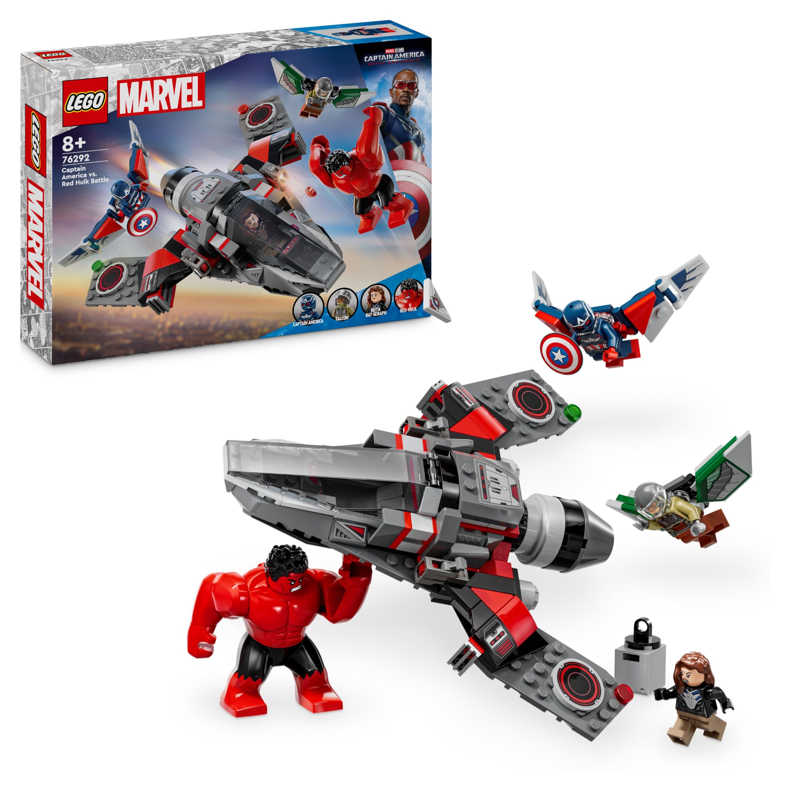 LEGO Marvel Captain America vs. Red Hulk Battle Set, Plane Building Toy with 4 Super Hero Minifigures Including Red Hulk and Falcon, Avengers Gifts for 7 Plus Year Old Boys & Girls 76292