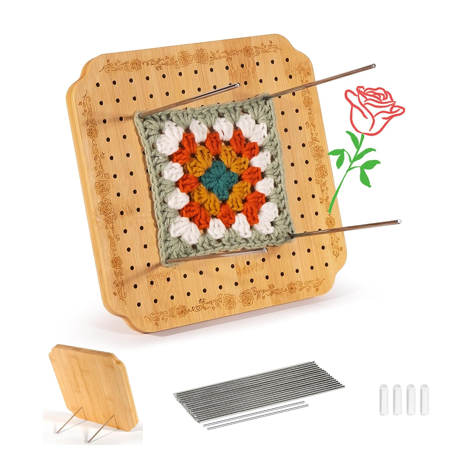 CraftyManor 7.6 in Blocking Boards for Crochet Projects with Rose Pattern, Crochet Blocking Board with Pegs, Granny Square Bl