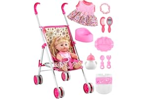 GAGAKU Baby Doll Stroller Playset with 12-inch Doll & Accessories, Foldable Lightweight Toy Stroller for Toddler Girls Kids A