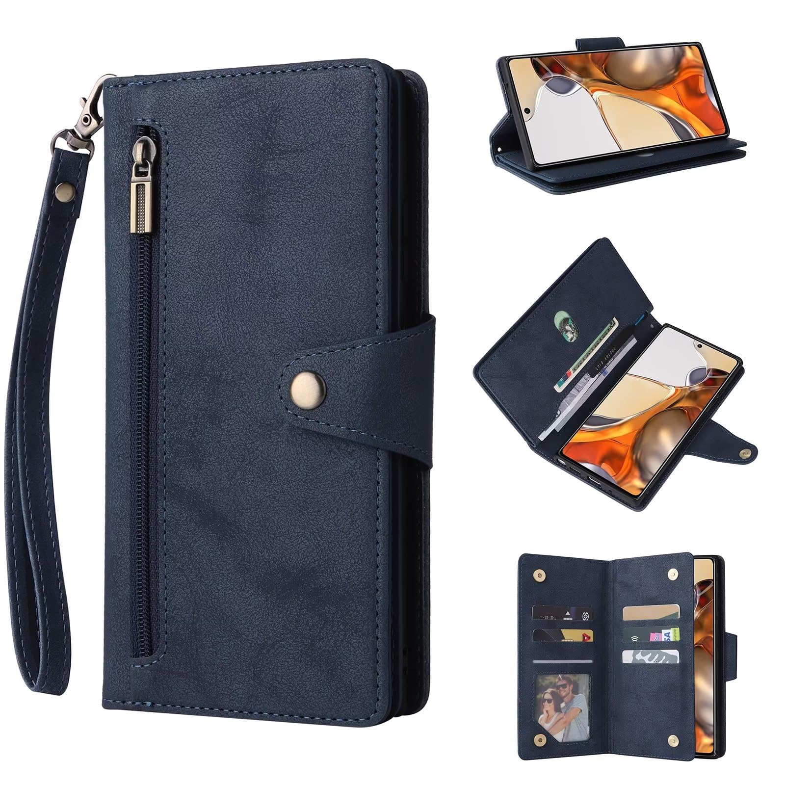 ESONG Wallet Case for Google Pixel 8,Premium PU Leather Zipper Pocket Magnetic Flip Stand Case Cover with Wrist Strap/Card Slots/Coin Pouch/Kickstand,Full Body Protection Phone Case -blue