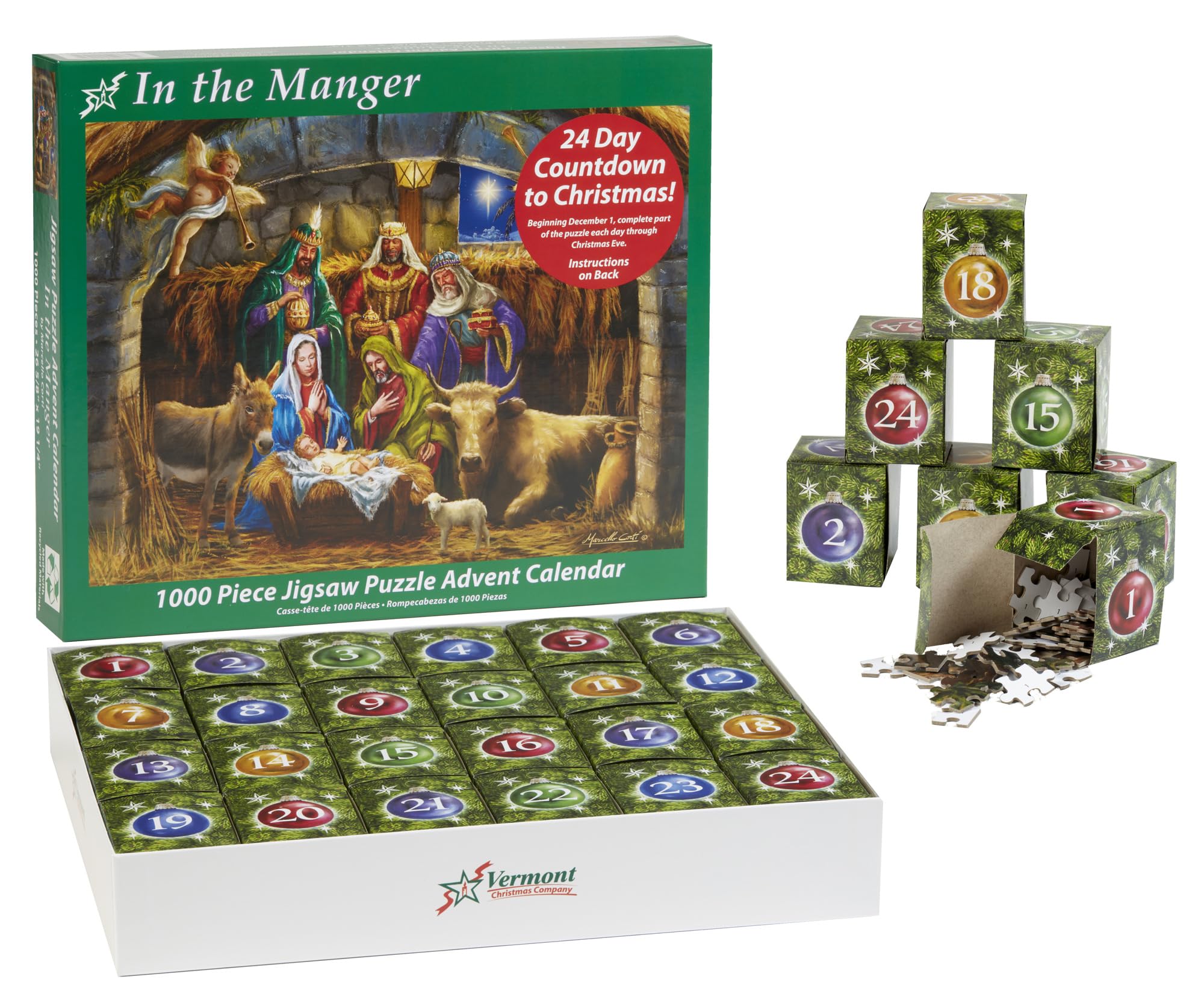 Jigsaw Puzzle Advent Calendar - Manger Scene - 1000 Pieces by Vermont Christmas Company - 24 Puzzle Sections to Complete - Religious Advent Calendar Puzzle