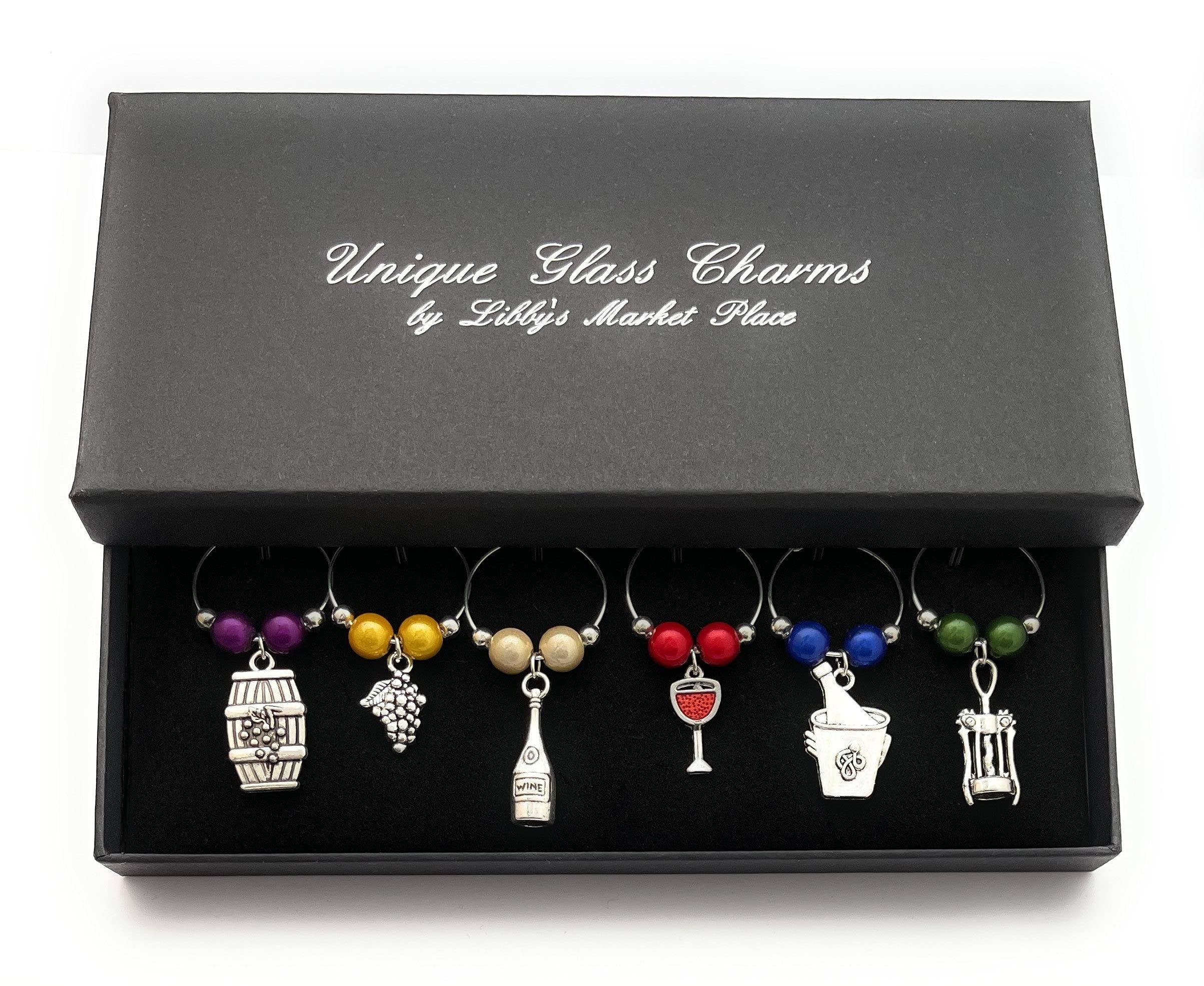 Libby's Market Place Set of 6 Handmade Wine Lovers Wine Glass Charms with Gift Box