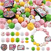 Sunrony 105Pcs Mixed Pink Green Teacher Focal Silicone Beads for Keychains Making, Rhinestone Spacer Hexagon Lentil Silicone Beads for Pens Crafts and Necklace Bracelet