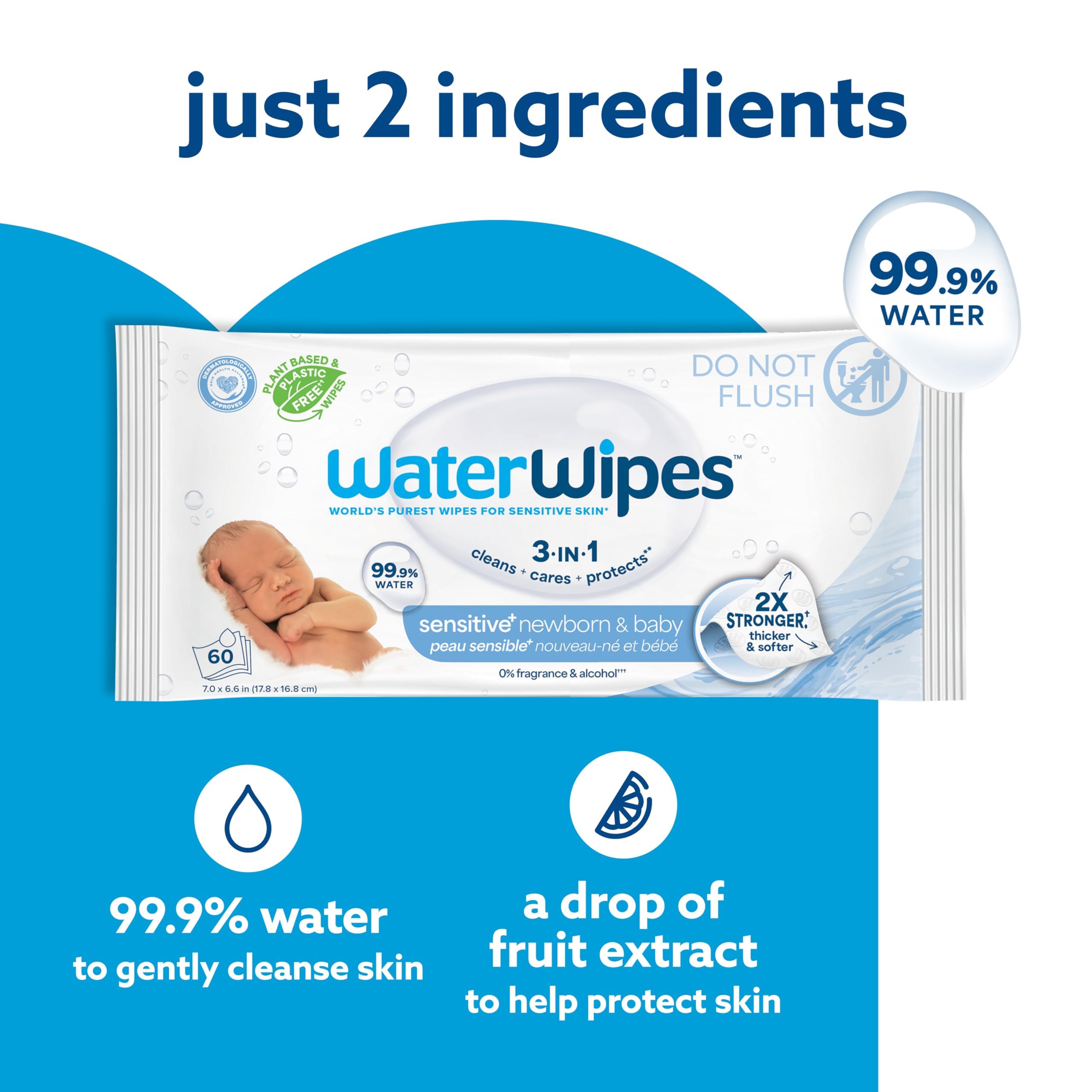 WaterWipes Sensitive+ Newborn & Baby Wipes, 3-In-1 Cleans, Cares, Protects, 99.9% Water, Unscented & Hypoallergenic, 720 Count (12 Packs)