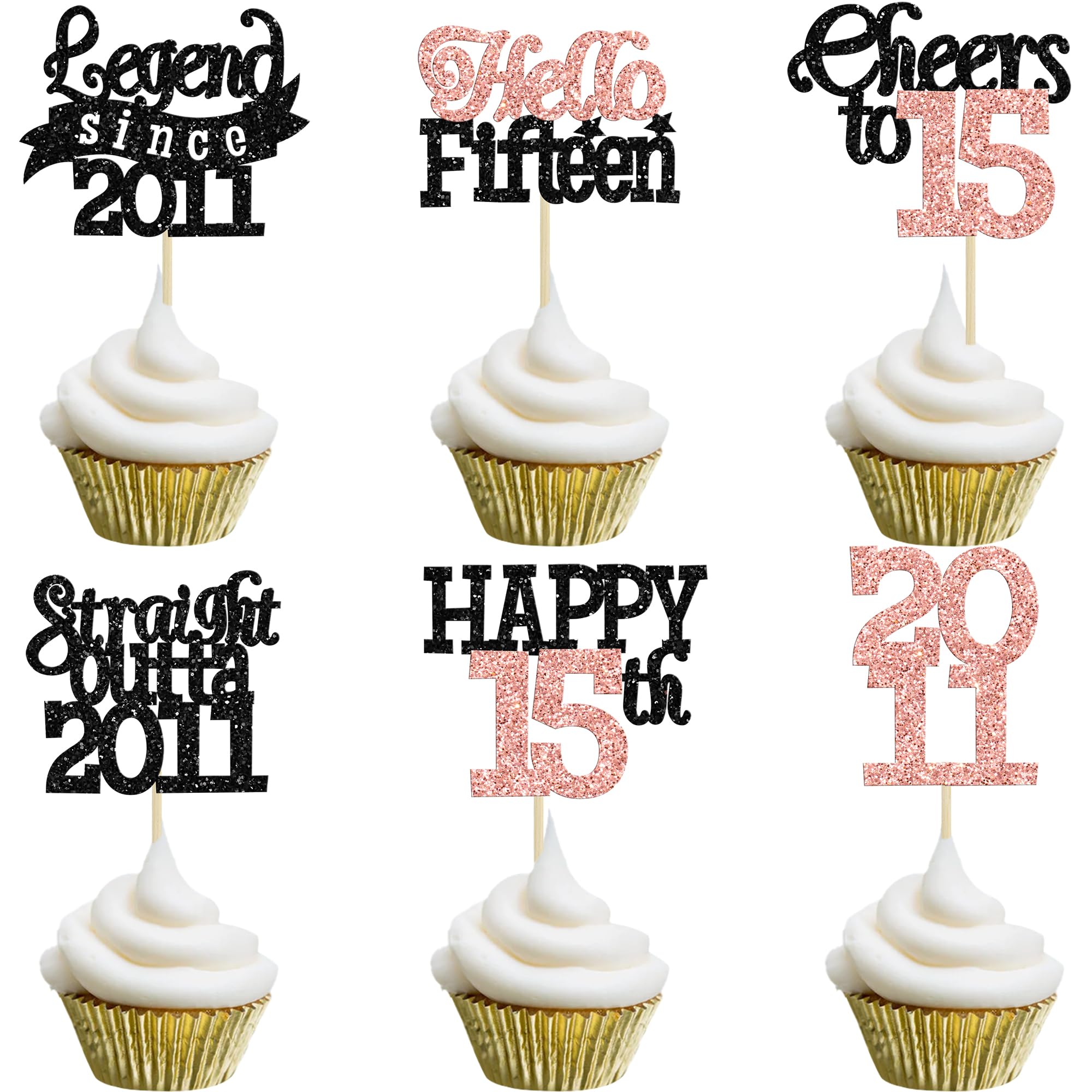 Gyufise 24Pcs Happy 15th Birthday Cupcake Toppers Hello Fifteen Legend Since 2011 Cupcake Picks Cheers to 15 Years Cake Decorations for 15th Birthday Anniversary Party Supplies Black Rose Gold