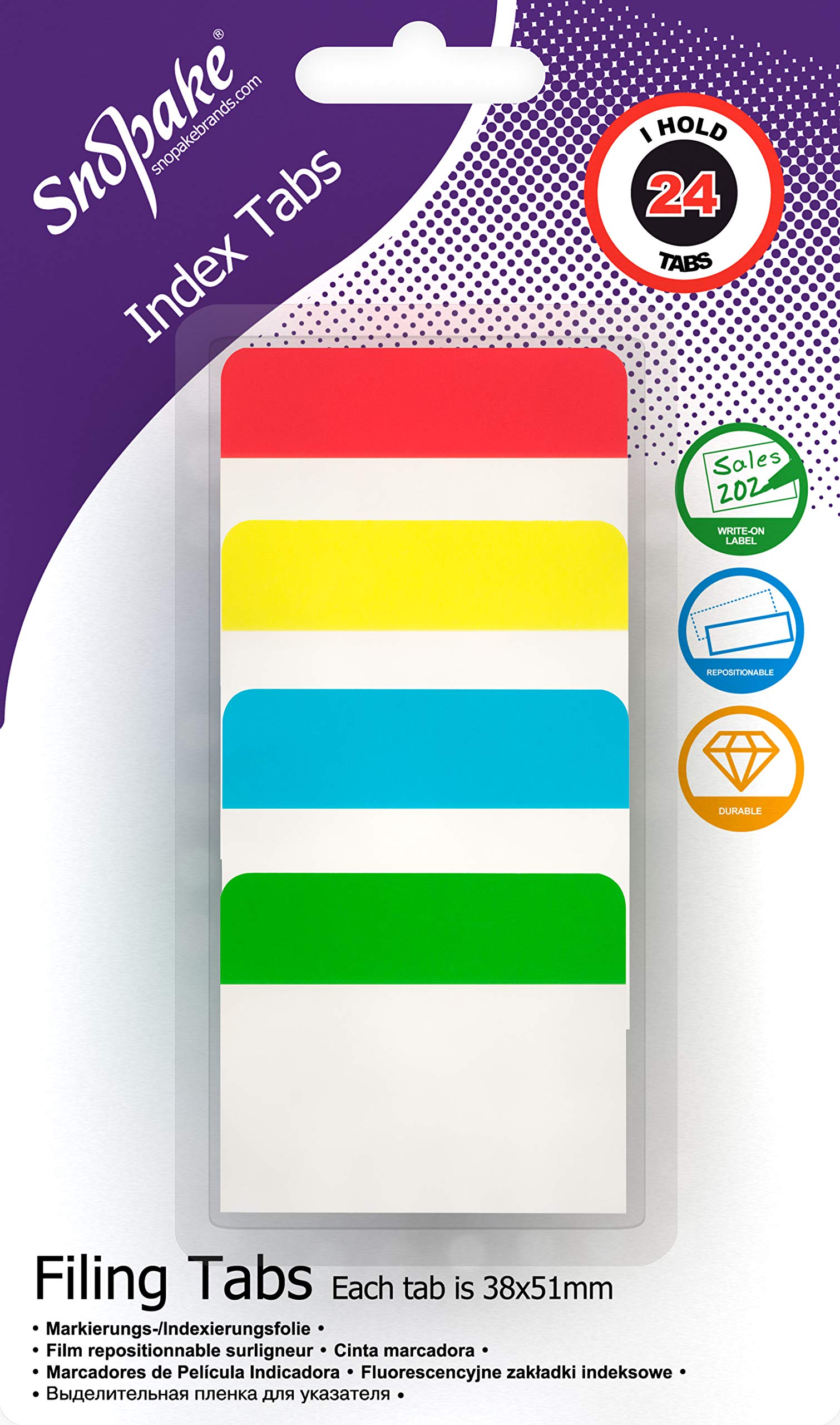 Snopake Extra Thick Repositionable Filing Index Tabs 38x51mm – 24 Tabs [Assorted/Semi-Transparent] 15883