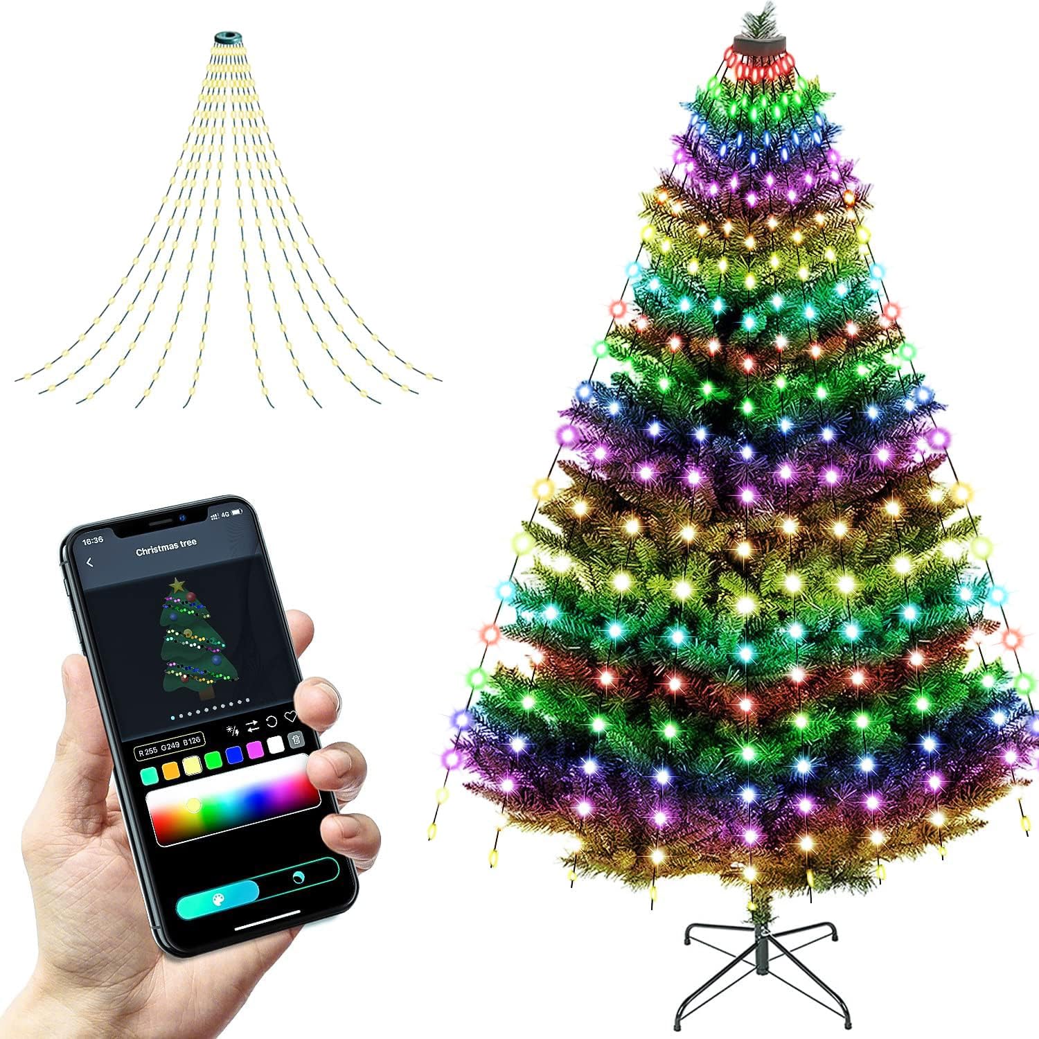 Horsetail Christmas Tree Lights Decorations with Ring Smart APP, 200LED 65ft Fairy Waterfall String Lights Outdoor & Indoor Strand Xmas Tree Multi Coloured Lights with Remote Control IP65 Waterproof