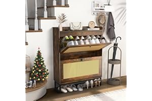 Luban Nese Shoe Storage Cabinet with 2 Flip Drawers,Rattan Shoe Storage Organizer with Metal Legs for Entryway, Narrow Shoe Rack Cabinet,Rustic Brown