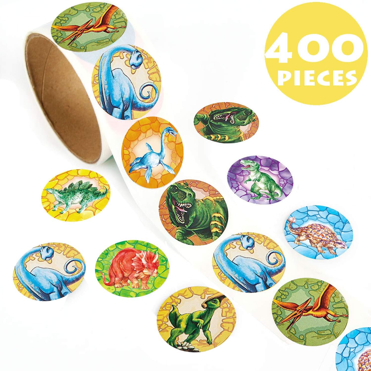 Dinosaur Cute Label Sticker Sheets- 400 Pcs Suitcase Stickers Vinyl Decals, 1-3/5 Inch Prehistoric Reusable Roll Sticker for Kids, Game Prizes, Teacher Reward, Party Favor & Supplies, 10 Styles