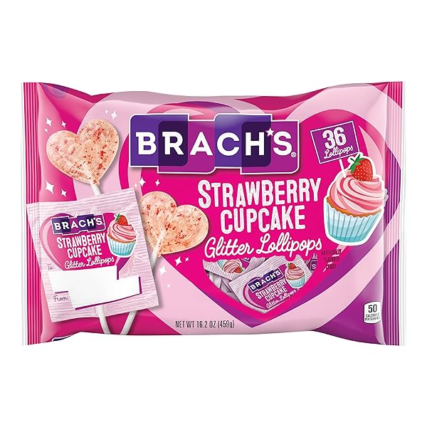 BRACH’S VALENTINE’S DAY STRAWBERRY CUPCAKE GLITTER LOLLIPOP CANDY, FRIENDSHIP EXCHANGE, 36 CT BAG