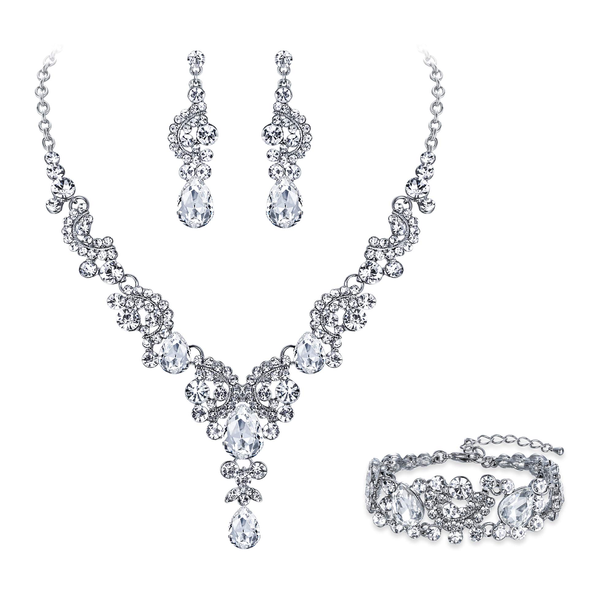 Ever Faith Wedding Jewellery Set for Women, Sparkly Rhinestone Crystal Vintage Floral Teardrop Brides Bridal Necklace Earrings Bracelet Sets Prom Party Costume Jewelry 3 Pcs Clear Silver-Tone