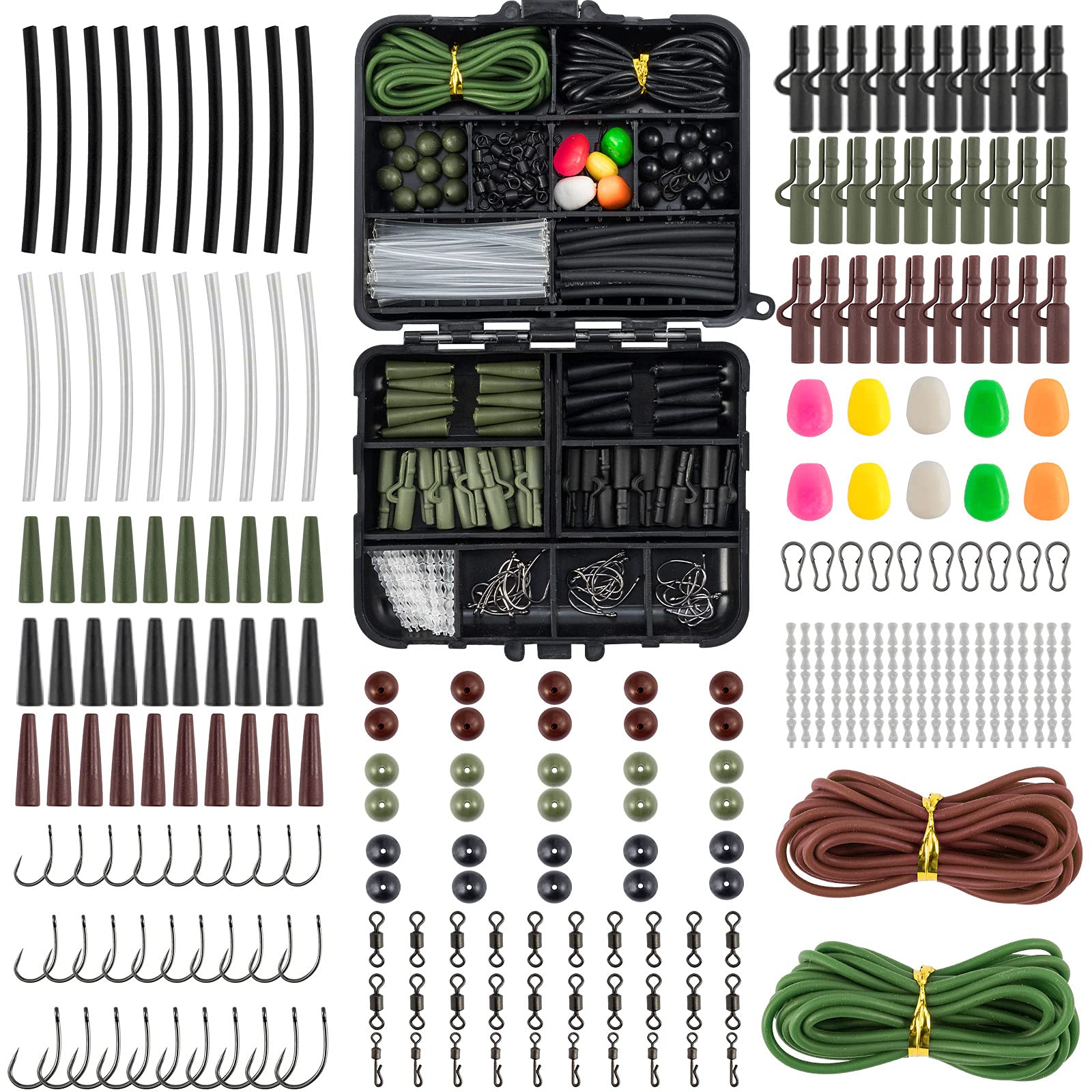 Dr.Fish 314pcs Carp Fishing Accessories in Tackle Box, Carp Fishing Tackle Box Set Include Hooks, Safety Clips and Swivels, Beads, Boilie Stops, Corn, Tube and other Accessories for Making Carp Rigs