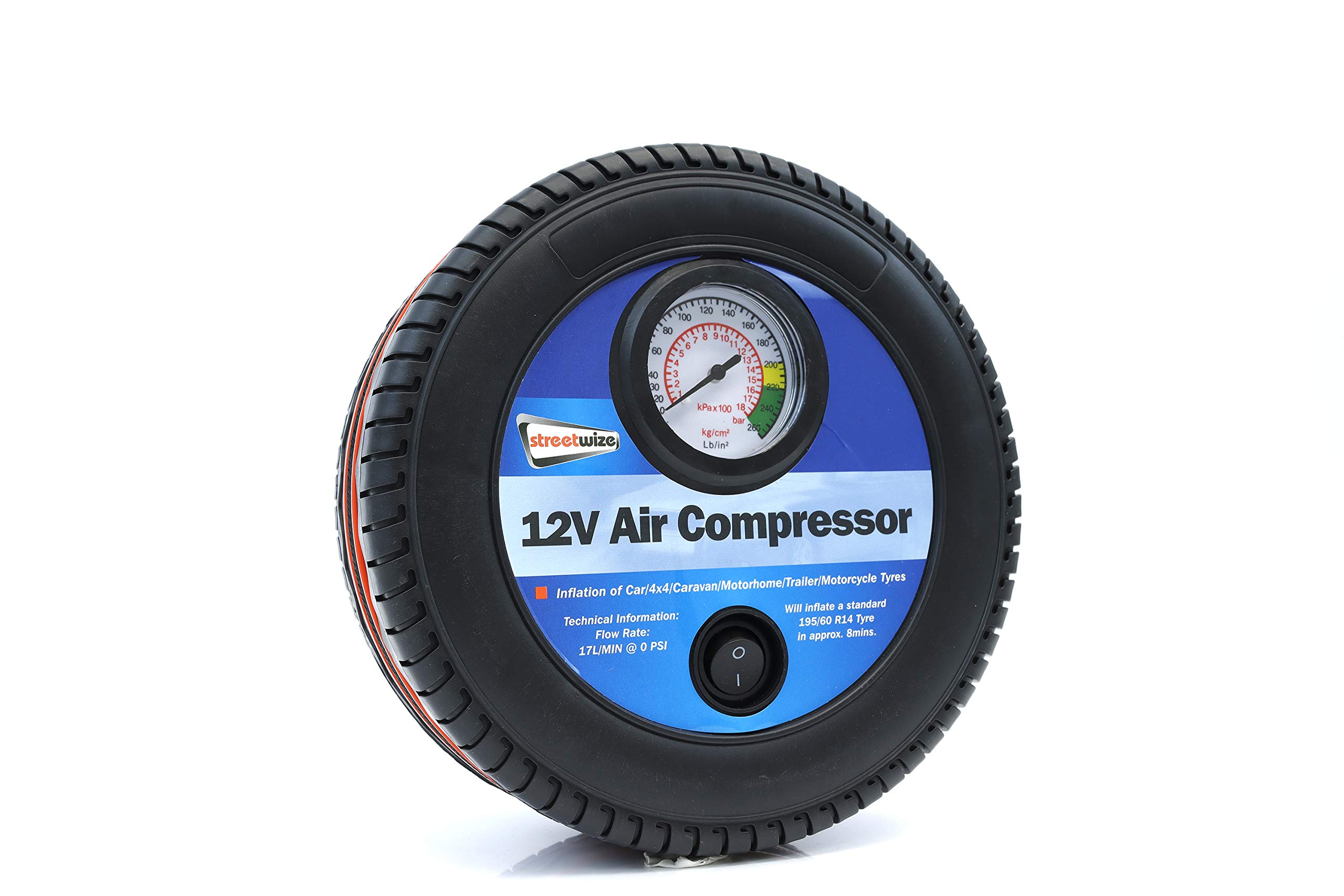Streetwize - Tyre Shaped Air Compressor - 12V - 250 PSI - Tyre Inflator, Analogue Pressure Gauge (SWAC13)