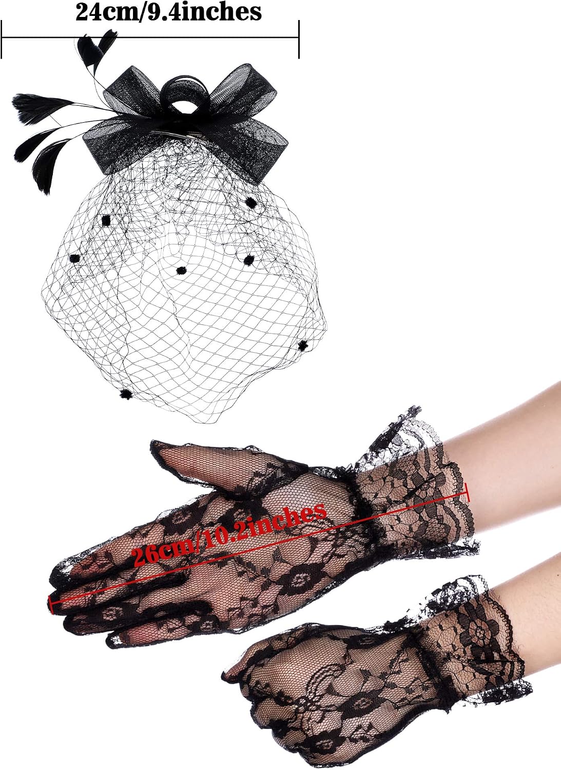 Boao Bowknot Fascinator Hat Feathers Veil Mesh Headband and Short Lace Gloves Floral Lace Gloves (Black), Black/White - Image 4