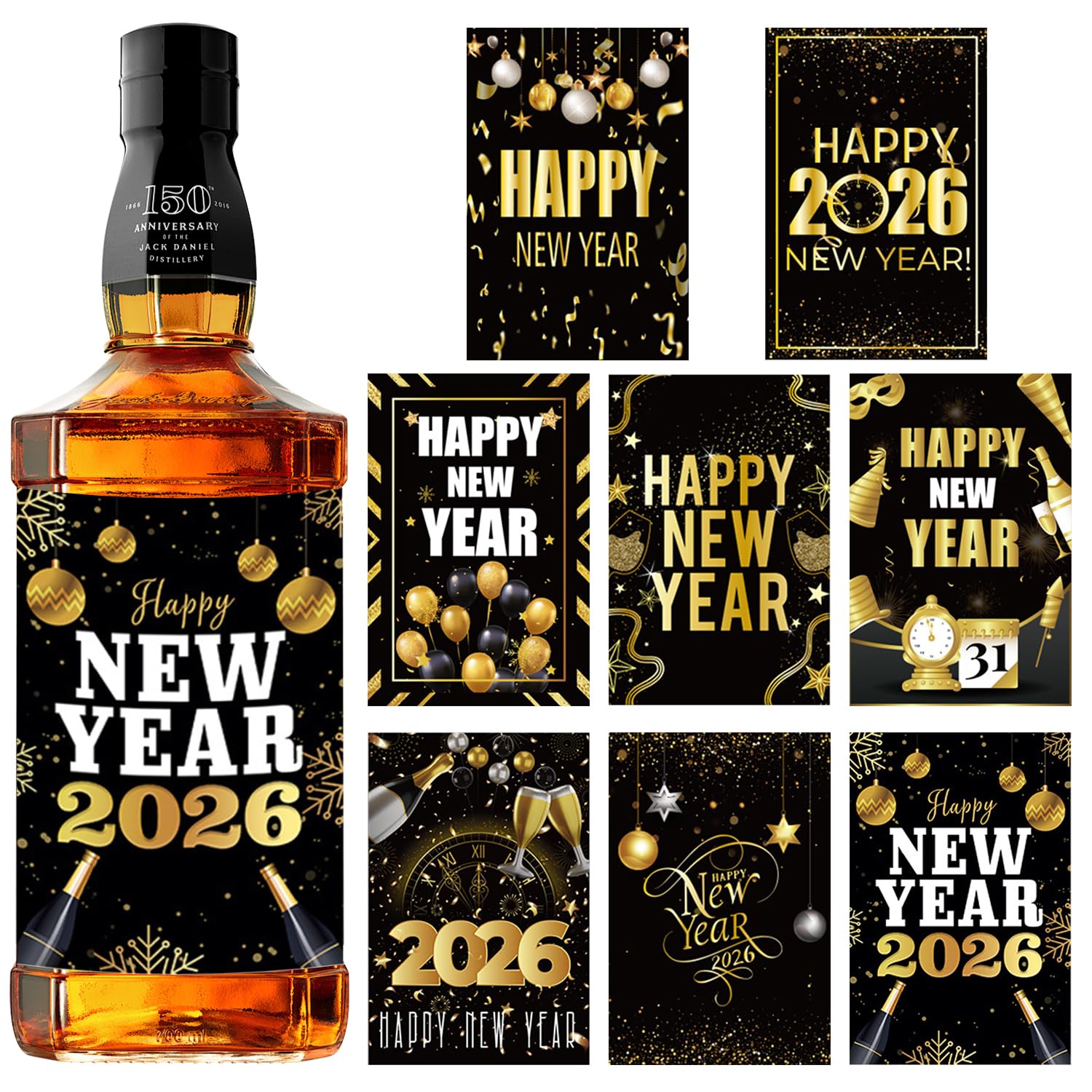 Photo 1 of 24 Pcs Happy New Year Wine Bottle Labels Stickers, Black and Gold New Year Stickers, 2026 New Years Eve Party Decorations, Champagne Fireworks 00:00 Clock Decal Labels for 2026, 8 Styles