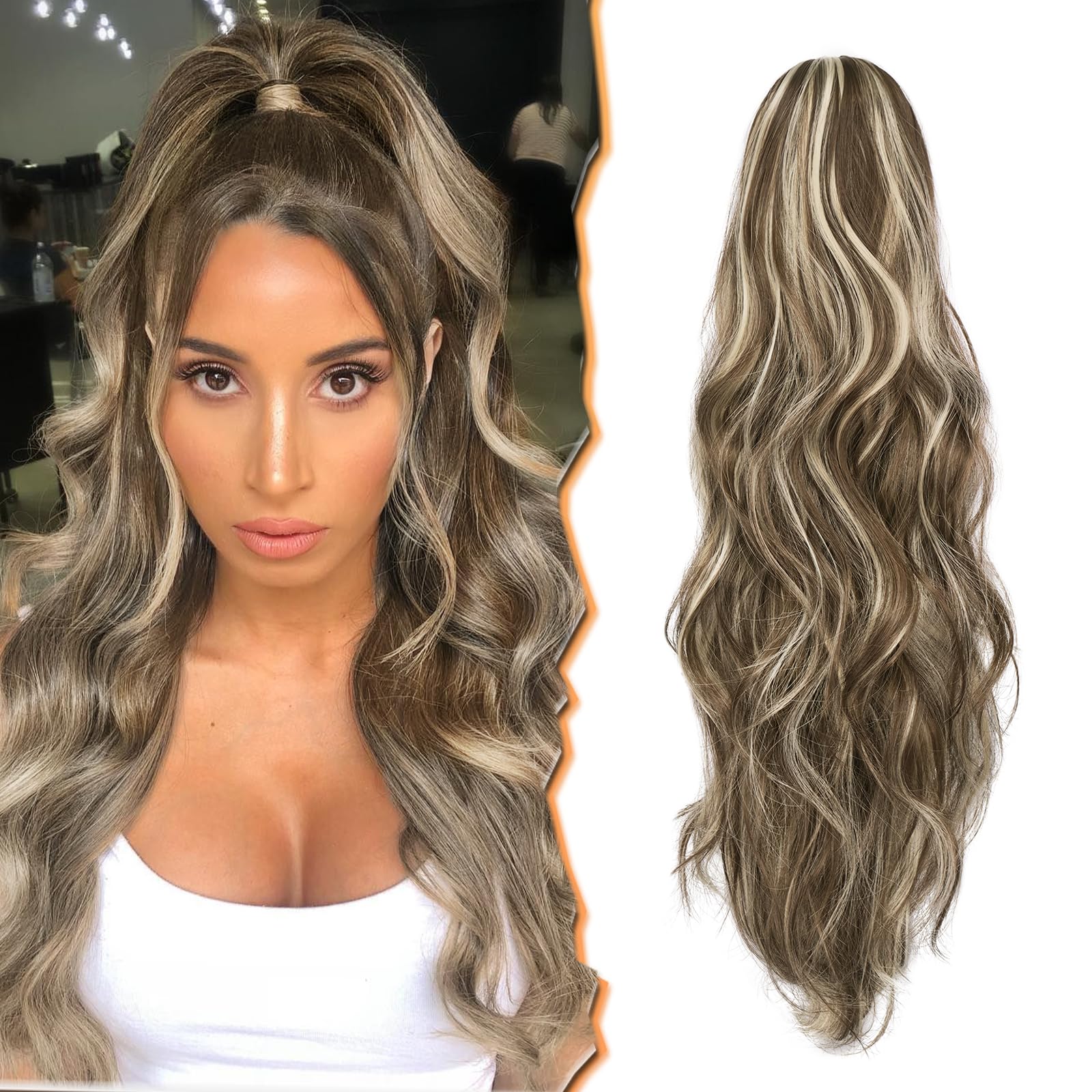 Photo 1 of BARSDAR Claw Clip Ponytail Extension - 20 Inch Wavy Highlight Ponytail Hair Extensions for Women - Synthetic Claw Clip in Pony Tail Hairpieces Daily Party - Brown & Ash Blonde Highlights