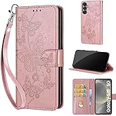 Designed for Samsung Galaxy S25 5G Case Wallet,Women Flip Folio Cover with Embossed PU Leather Stand Credit Card Holders Slots Wrist Strap Phone Case for Samsung S25 6.2 inch (Rose Gold Butterfly)