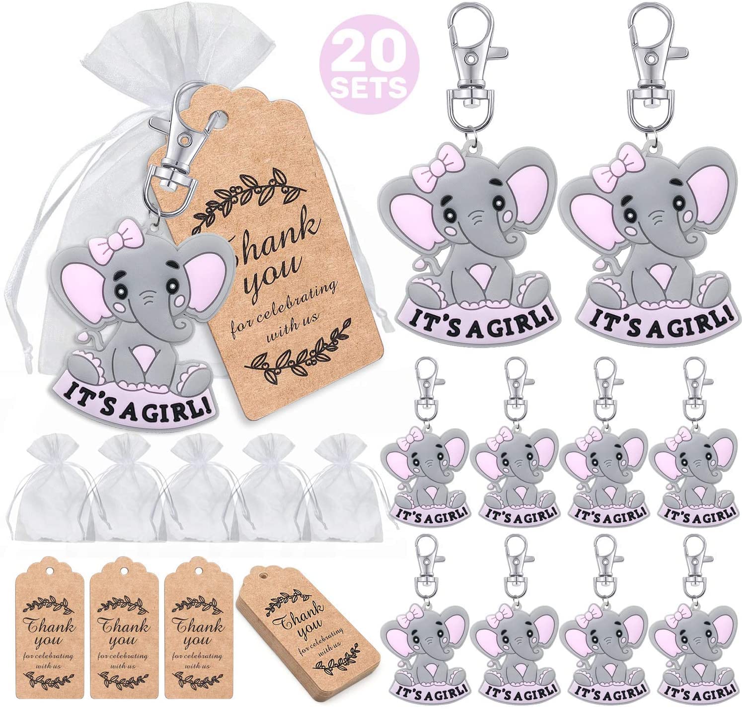 iZoeL 20 Sets It's a Girl Baby Shower Return Favors for Guests, Pink Baby Elephant Keychains + Organza Bags + Thank You Kraft Tags for Elephant Theme Party Favors, Girls Kids Party Supplies