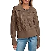 Doshoop Women's Half Zip Pullover Sweaters Crochet Lapel Collar Long Sleeve Knit Solid Color Jumper Tops